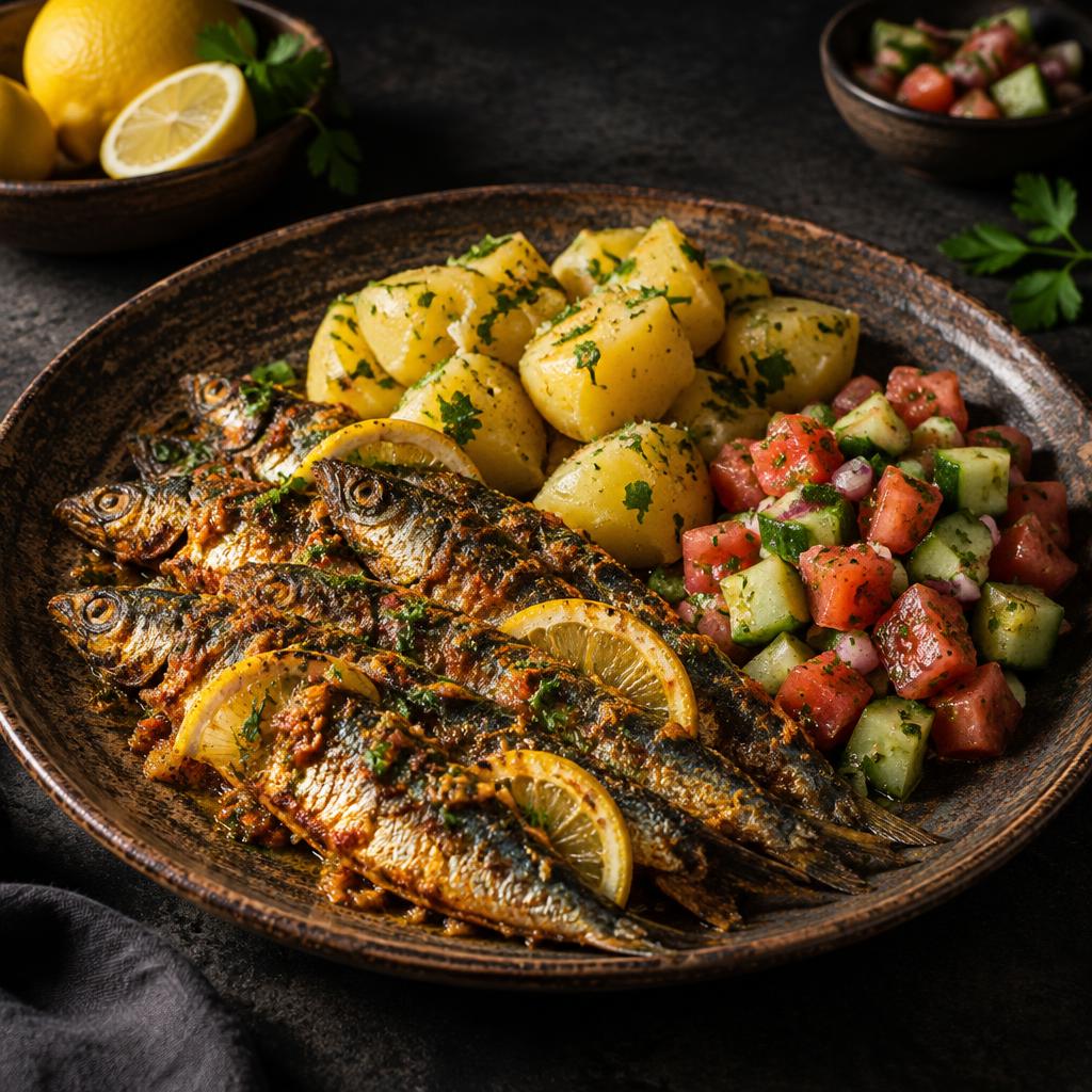 Baked Sardines, Potatoes & Salad